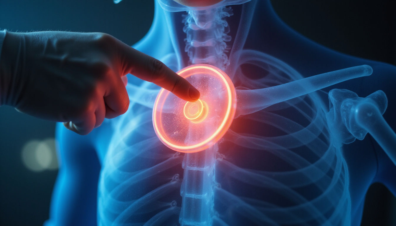  Close-up anatomical glowing artificial disc overlay, surgeon pointing, soothing color palette, concise recovery tips