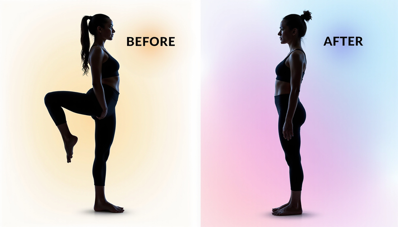  Before and after silhouettes showing slouched then tall posture after daily Pilates routine