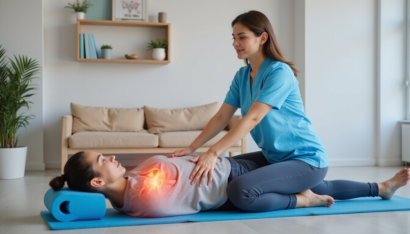  physical therapist guiding foam-rolling mobility routine, anatomy overlay, pain aura dissolving, clean clinic