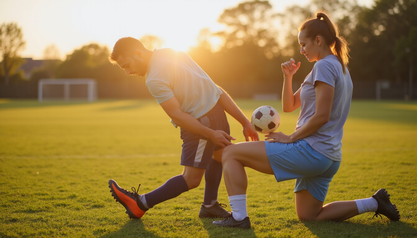  athlete clutching groin on soccer field, physiotherapist demonstrating stretching exercises, warm golden light