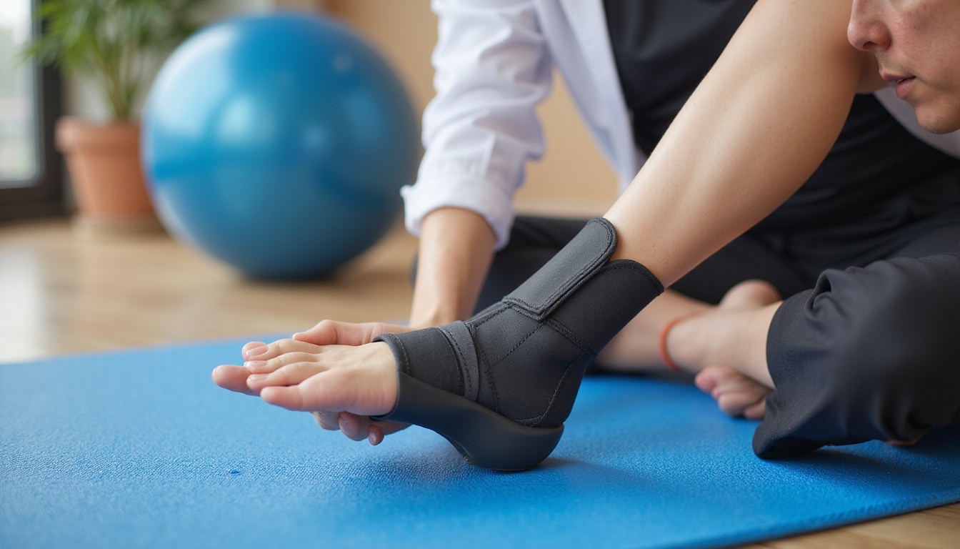  Physiotherapist guiding patient through eccentric heel-drop exercises on gym mat, supportive orthotic visible