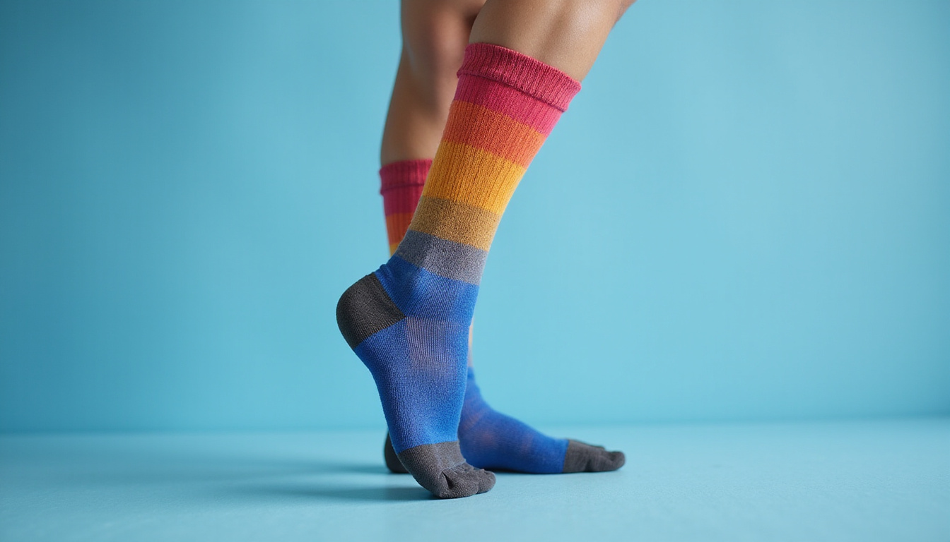  Close-up compression sock fabric texture, graduated pressure gradients, healthy calf, soothing blue background