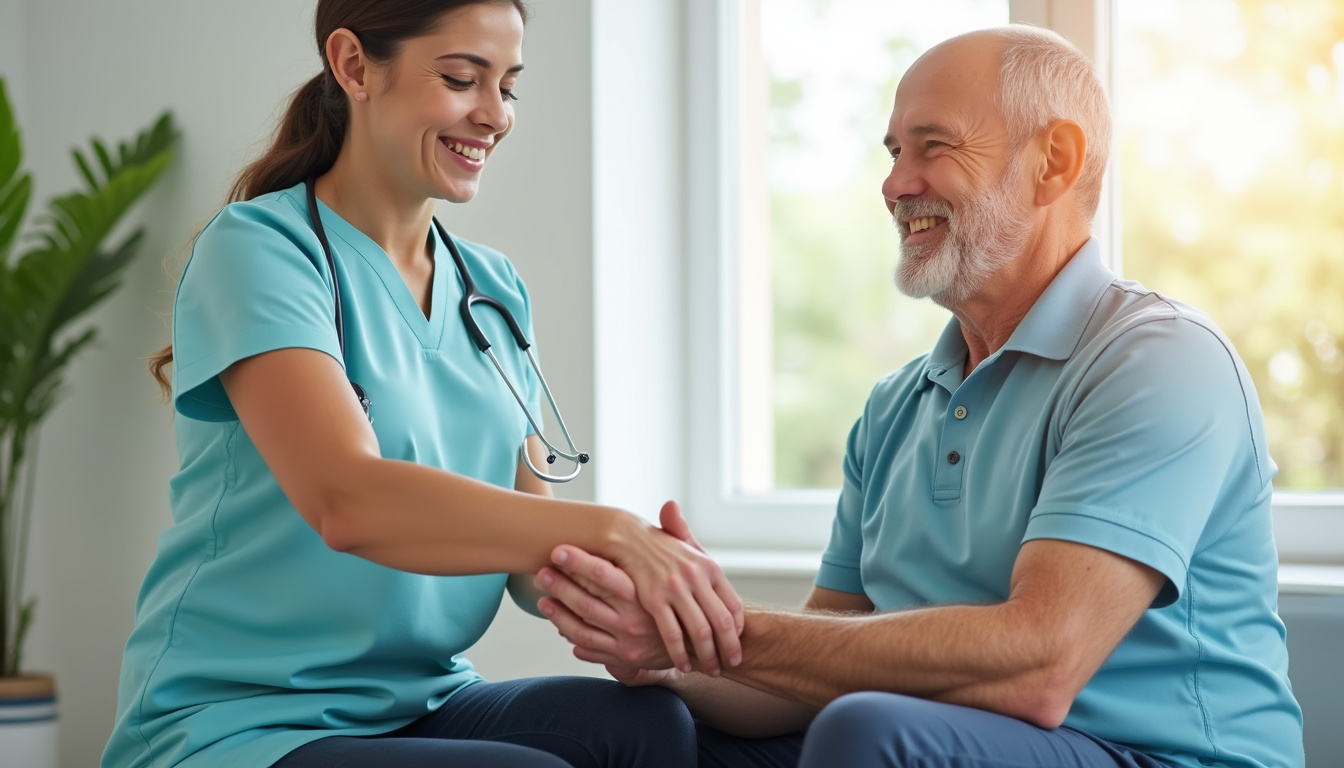  Compassionate physiotherapist demonstrating joint strengthening exercises to middle-aged patient, bright clinic, hopeful atmosphere