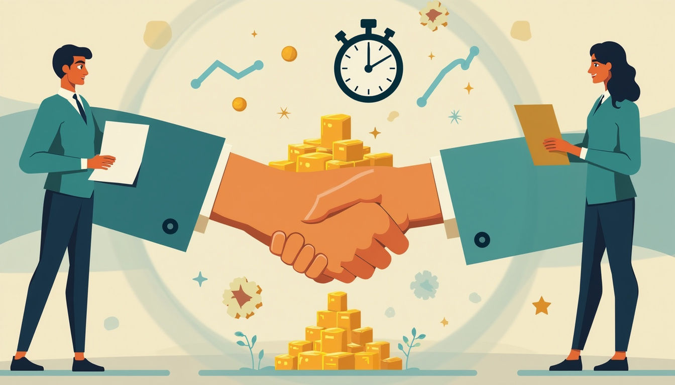  stopwatch shrinking sales cycle, handshake, funnel turning gold, confident rep reading script