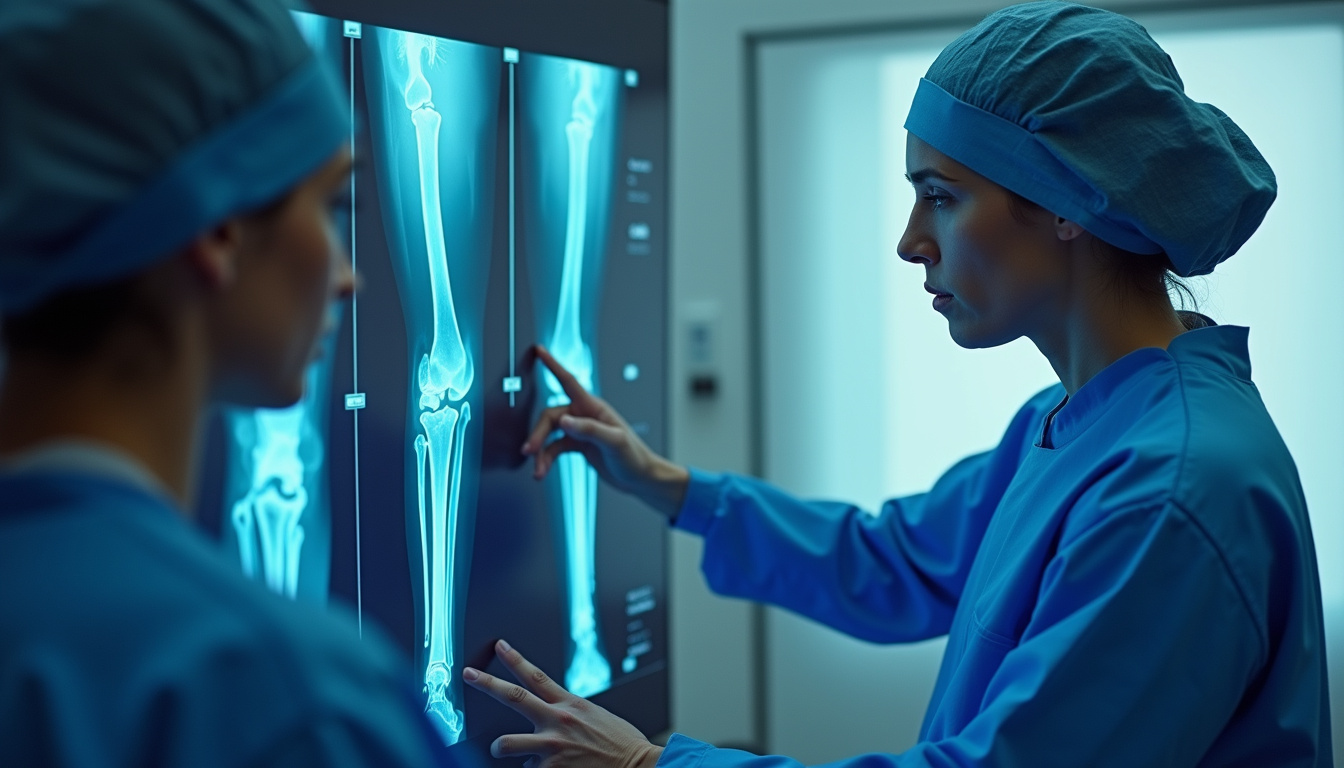  Surgeon examining high tibial osteotomy X-ray, calm sterile OR, hopeful realistic post-op infographic overlays