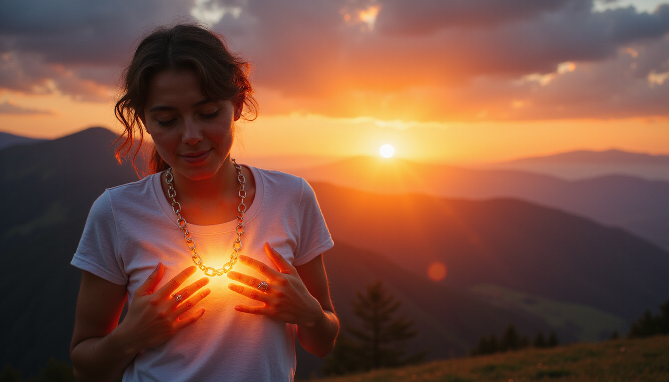  Patient releasing glowing chains from chest into sunrise, tranquil landscape symbolizing chronic pain relief