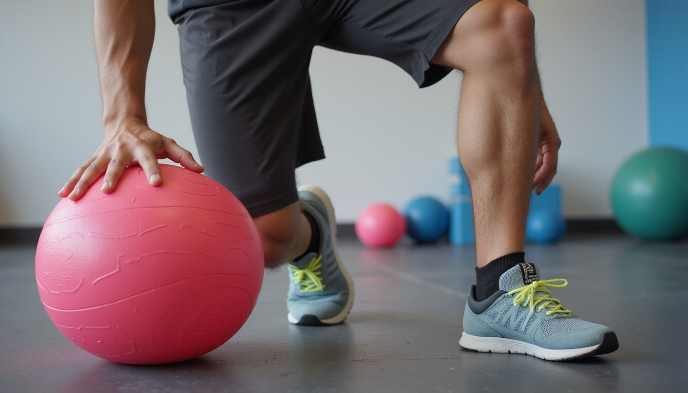  Close-up dynamic sequence of knee and ankle strengthening drills with medicine ball, motion blur