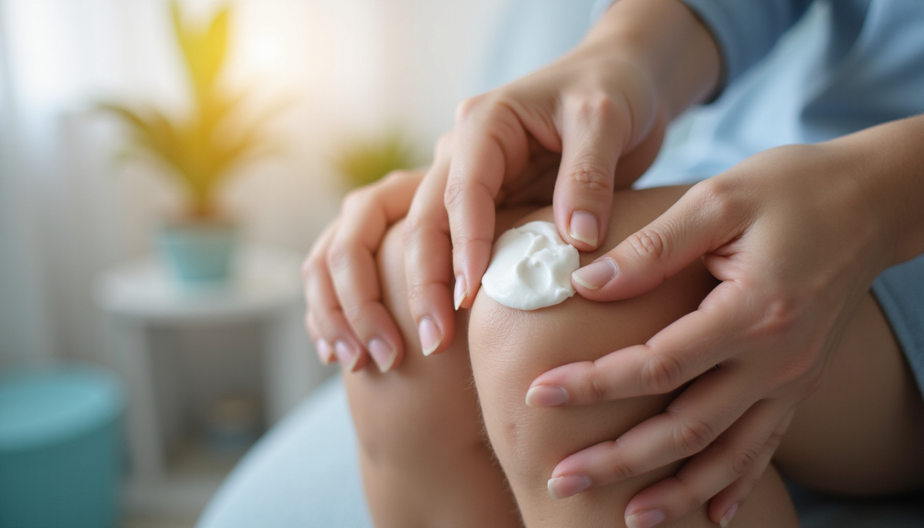  Close-up hands applying topical cream to arthritic knee, warm light, calming clinical setting