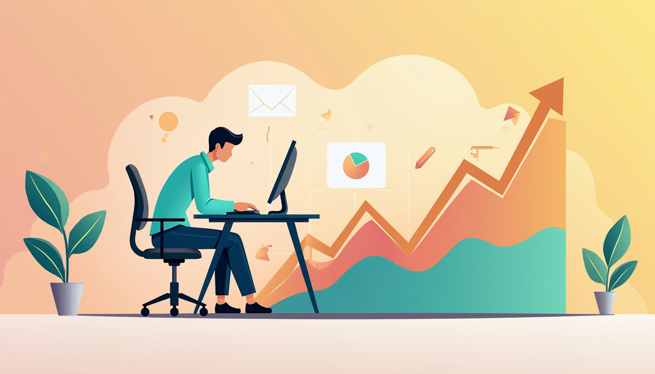  Minimalist office infographic overlay: posture correction tips, pain-free employee, rising productivity graph