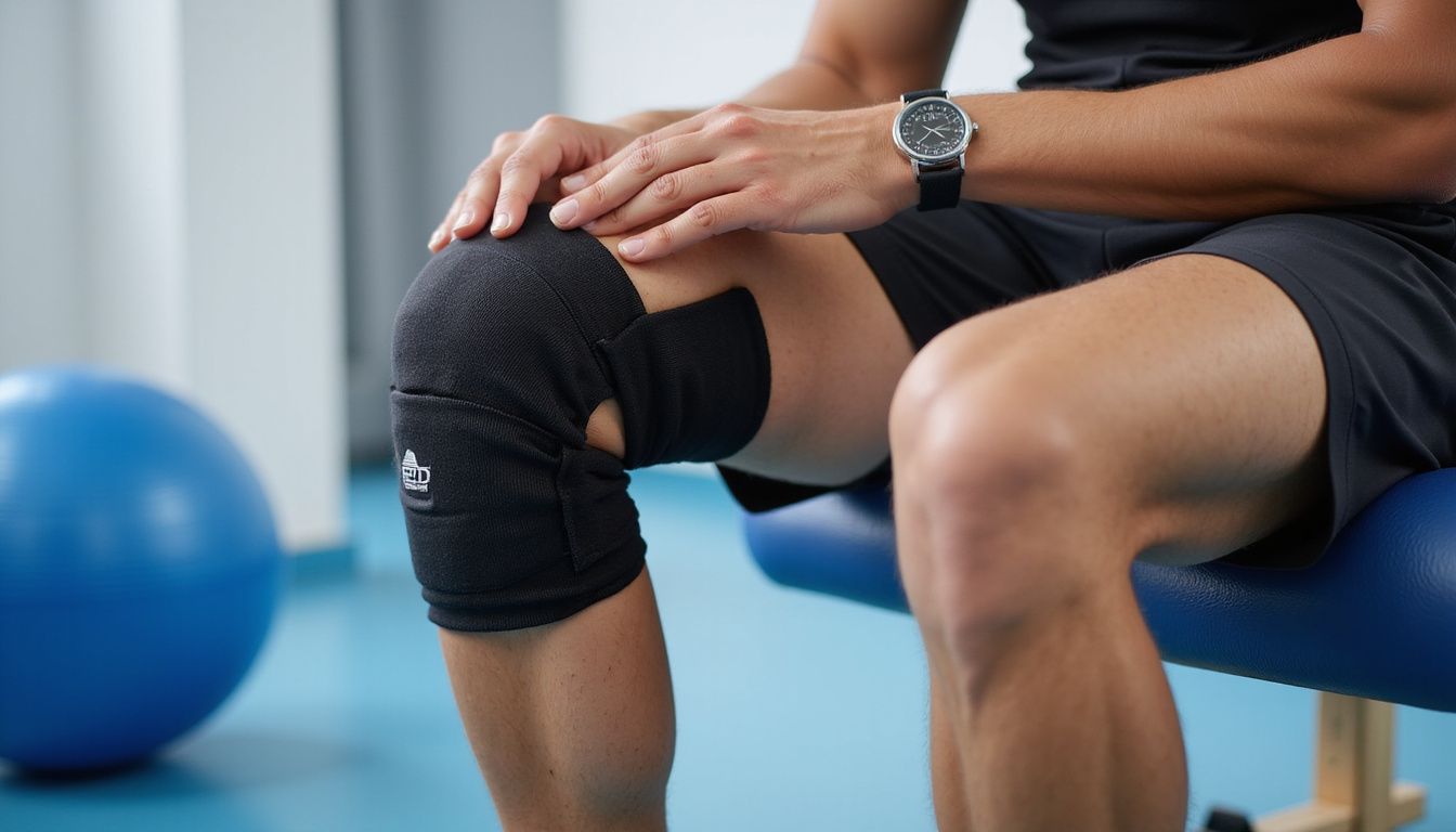  Close-up padded knee brace on athlete