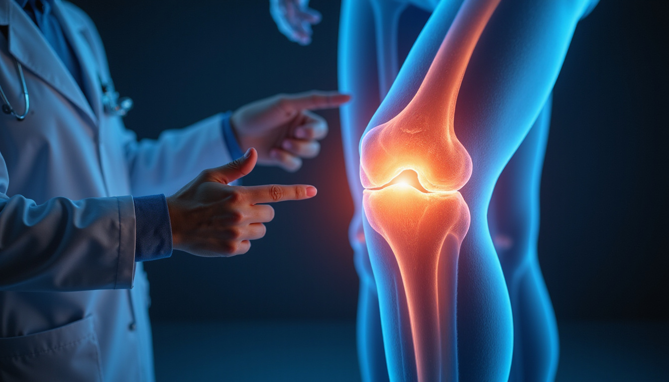  Close-up anatomical overlay of arthritic knee, MRI-style translucency, doctor’s hands pointing, clinical dramatic lighting