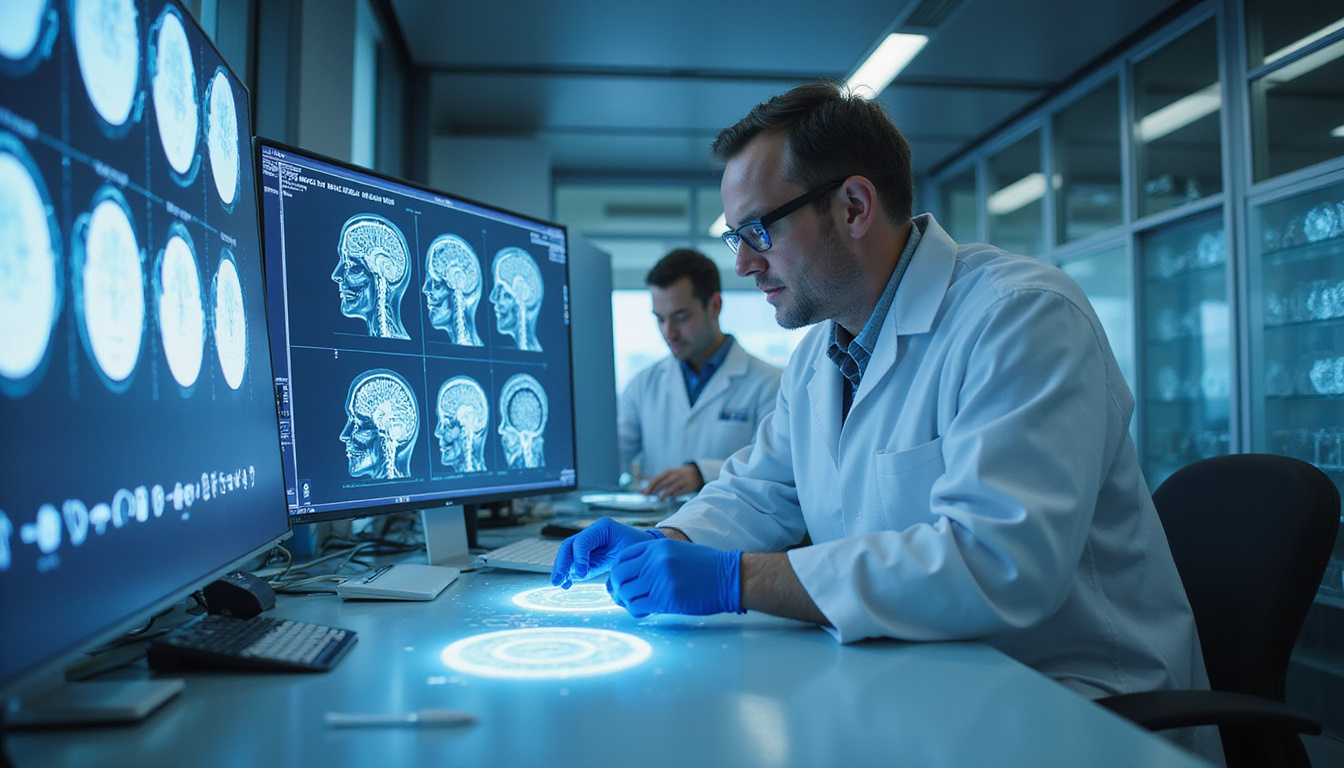  Lab breakthrough scene: scientists examining scalp scans and DNA strands, sterile modern laboratory, crisp photorealistic