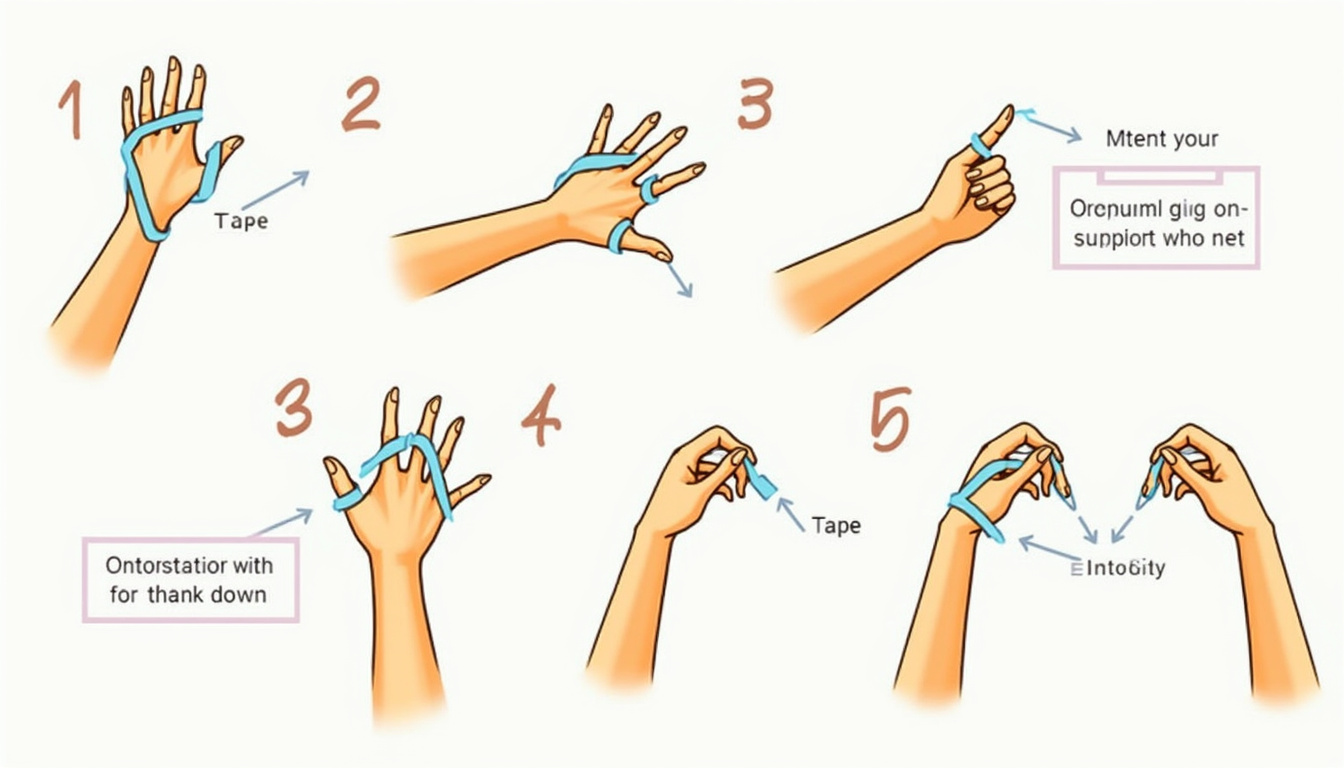  Step-by-step infographic of finger stretches, tape support, ergonomic grips, bright medical illustration