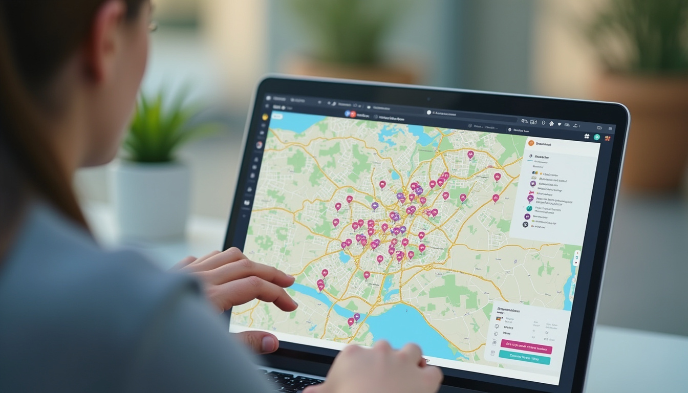  Investor examining property listings map of Cairo neighborhoods, price tags, modern laptop