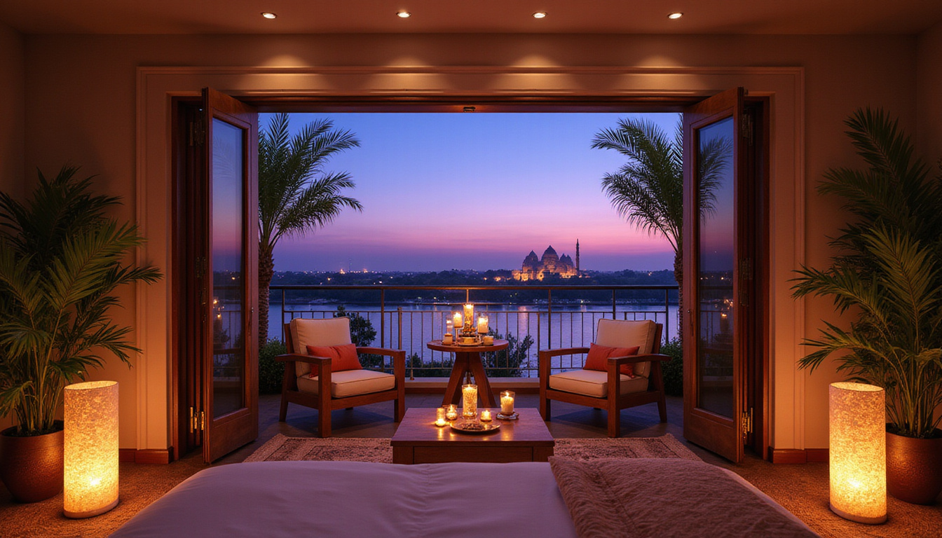  Private balcony suite, lanterns and palms, panoramic Nile view with glowing temple silhouettes at dusk