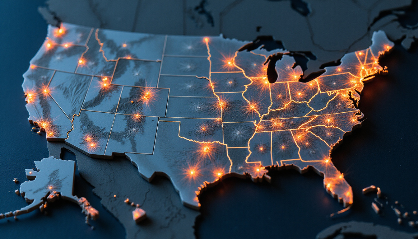  Targeted map of federal agencies, glowing opportunity hotspots, magnifying glass over contract values