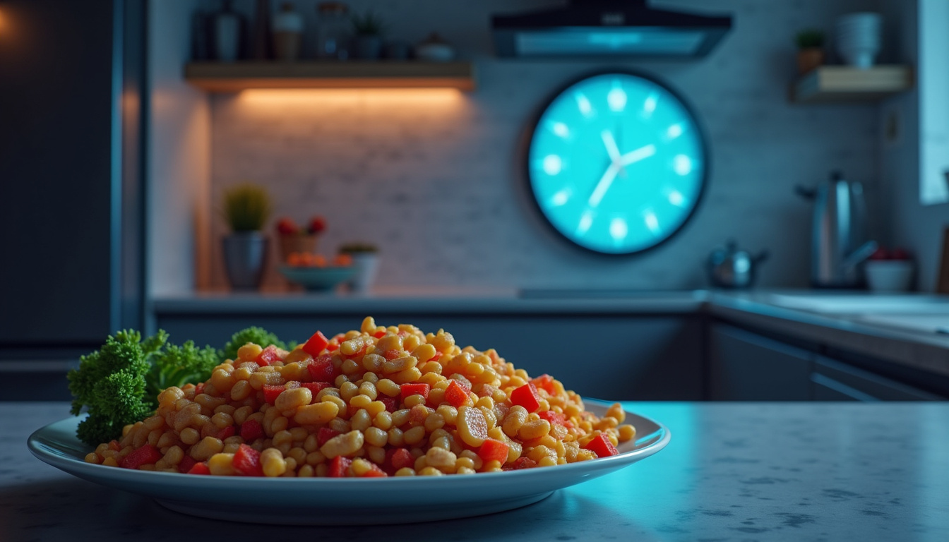  Nighttime kitchen scene, clock showing 9 PM, colorful carbs on plate, futuristic health infographic overlay