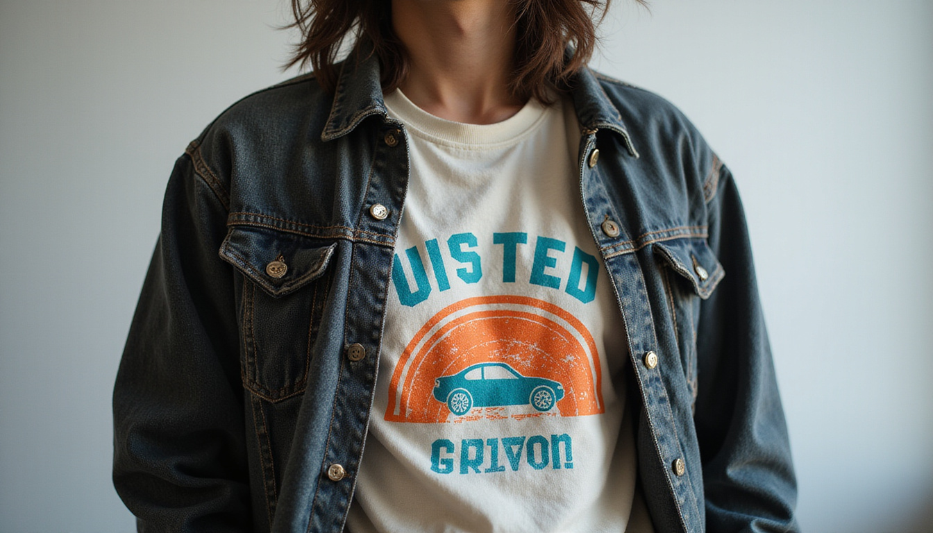  Street-style model wearing curated deadstock tee, layered outfits, close-up fabric texture, retro logo