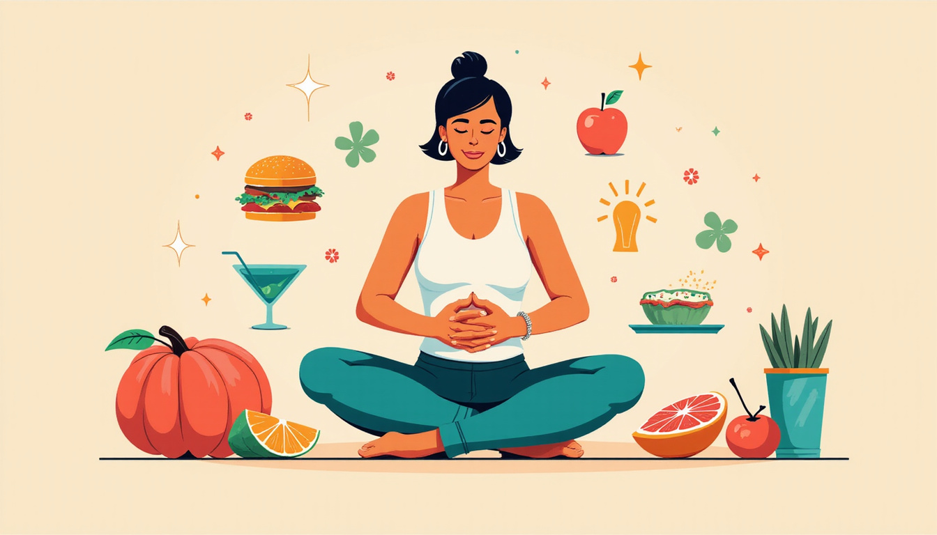  Energetic commuter mid-day, balanced meals, yoga pose, glowing gut illustrated linking to brain