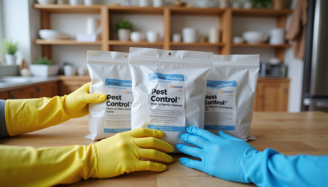  Home pest control scene: sealed bait stations, gloves, pet-safe warning label, clean tidy pantry, calm atmosphere