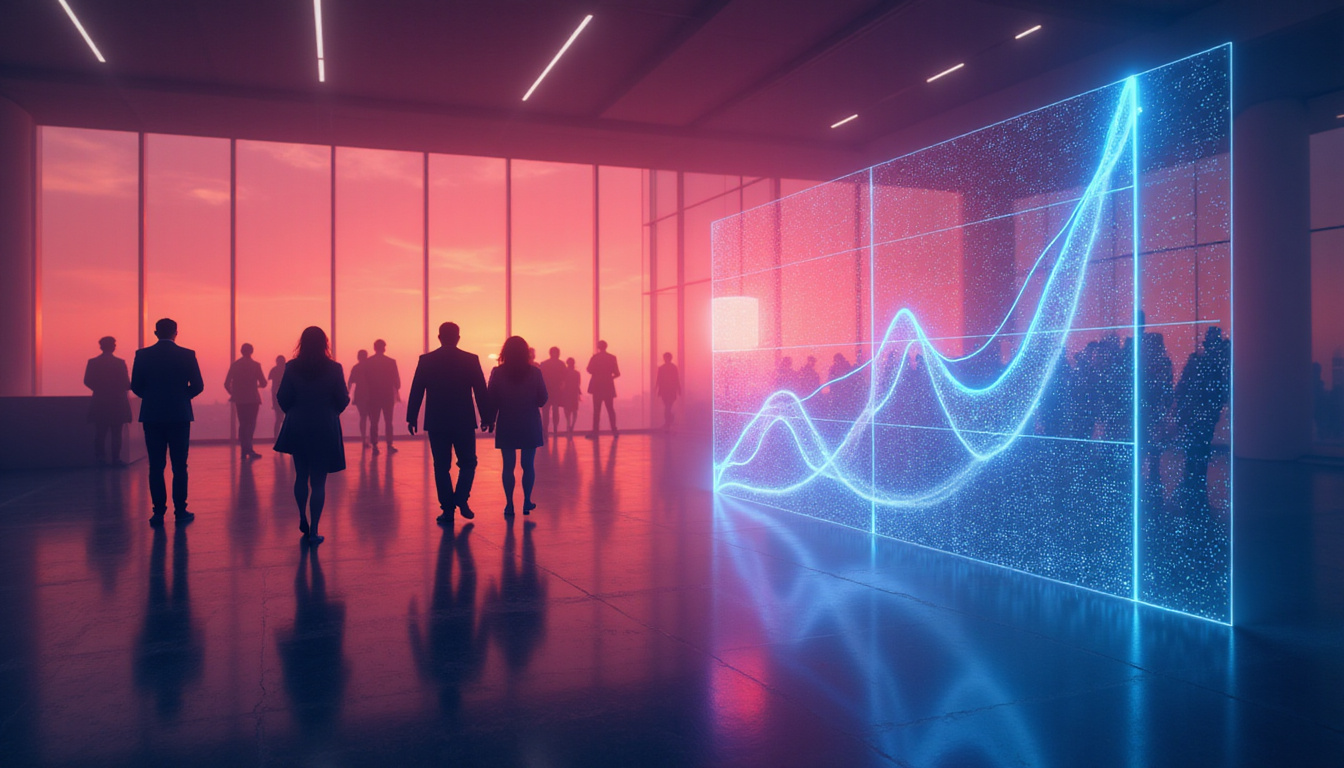 Retail dashboard with rising sales graphs, diverse customers silhouetted, predictive algorithms visualized as light