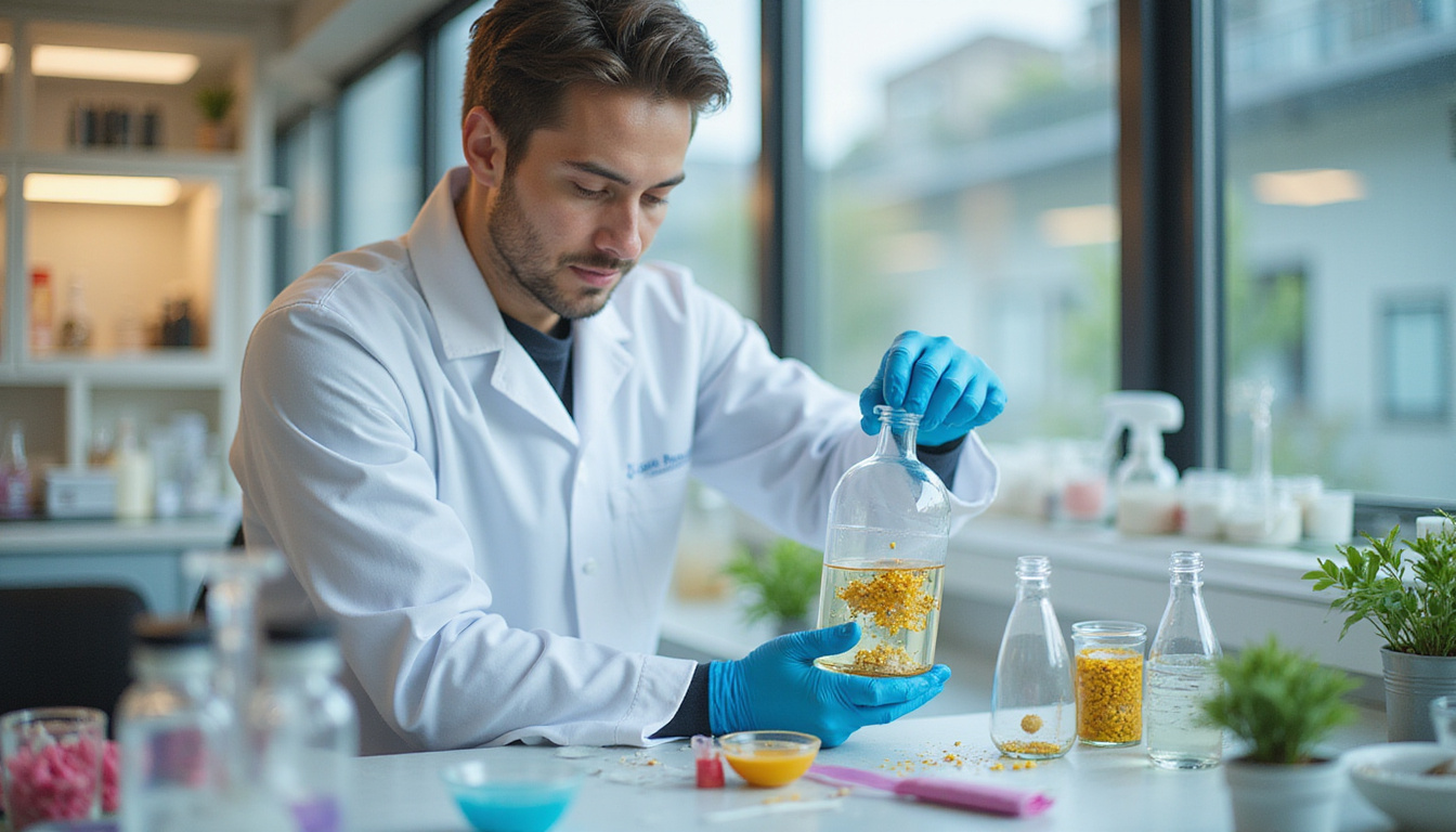  Laboratory scene with chemist blending floral hydrosols, microscopic ingredient textures, minimalist luxury branding