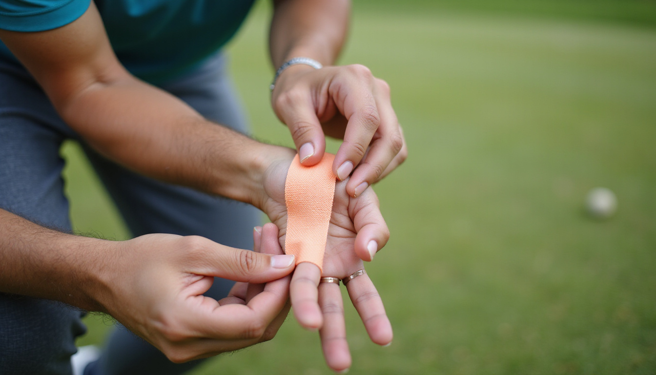  Close-up hands applying kinesiology tape to golfer