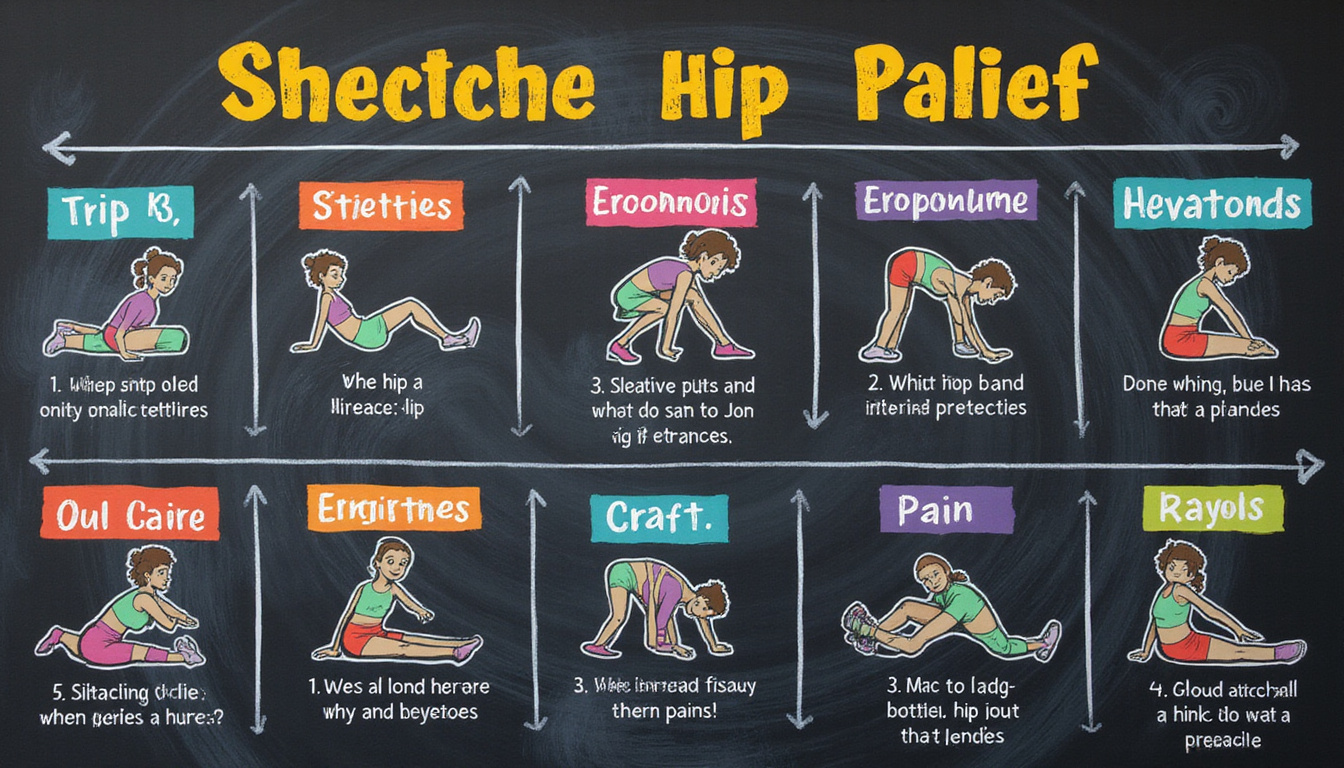  Chalkboard poster infographic of simple hip pain relief stretches and ergonomic tips, colorful, clear icons