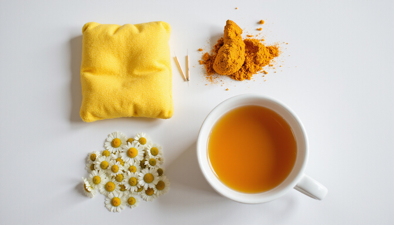  Flat lay arrangement of natural pain relief: ginger, turmeric, chamomile tea, heating pad, acupuncture needles