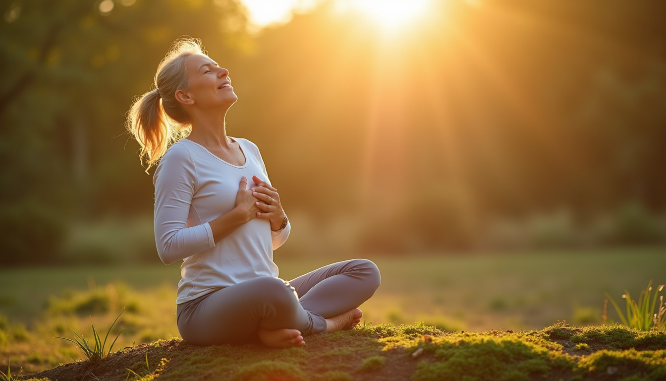  Middle-aged woman releasing stress, restorative pose outdoors, hands on heart, golden light and moss