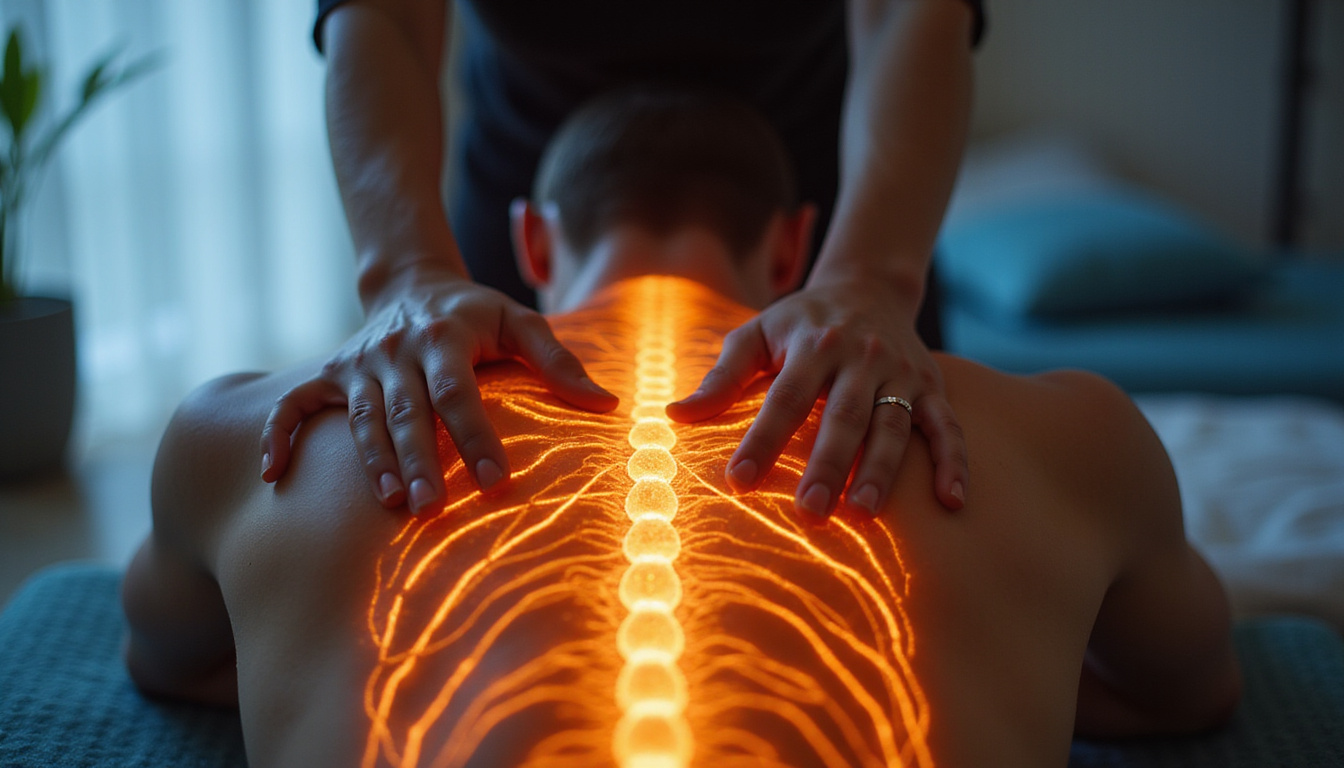 Massage therapist using hands to stretch glowing fascia lines across back, anatomical overlay, clinical warmth