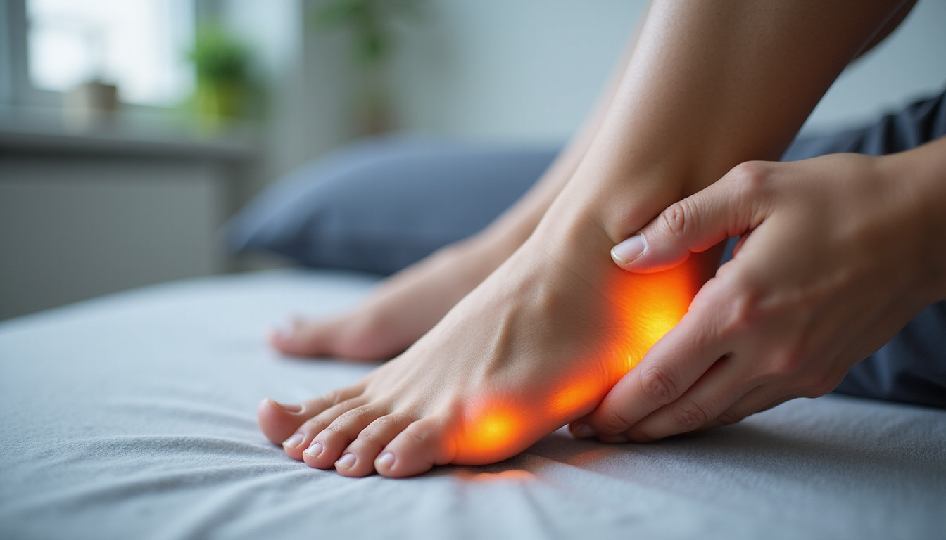  Close-up of foot anatomy highlighting plantar fascia, therapeutic massage, soothing clinical wellness aesthetic