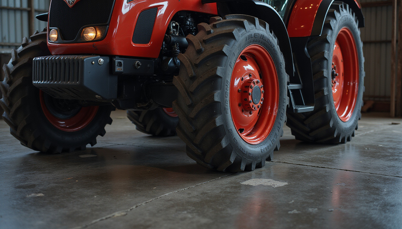  Mechanic balancing tractor wheel on concrete barn floor, vibration meter glowing red