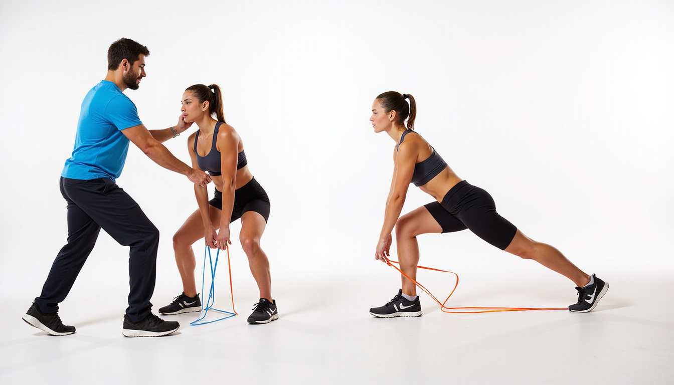  Strength rehab session: resistance band leg presses, single-leg squats, coach assisting, anatomical joint overlay, high-detail