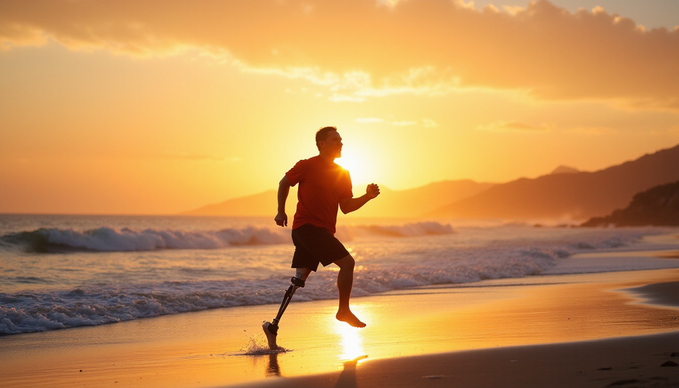  Triumphant veteran running barefoot on sunrise beach, prosthetic leg gleaming, joyful, pain-free freedom