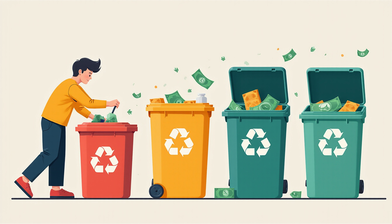  Neat labeled recycling bins with person quickly rinsing containers, green checkmarks and money icons