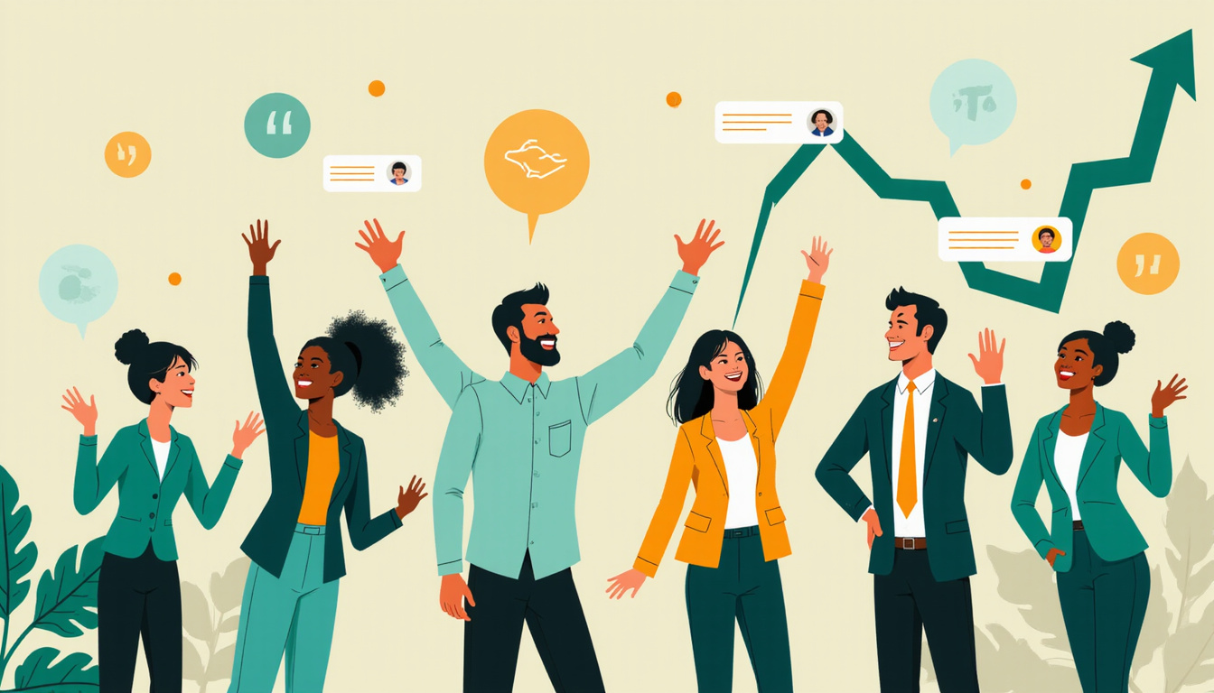  Smiling customers and agents celebrating, floating upward green arrows, glowing testimonials, efficient AI workflow