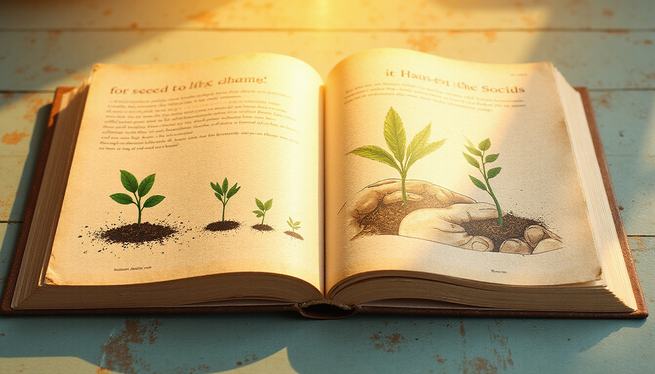 Open guidebook with illustrated blueprint of social change, seeds sprouting, hands planting, radiant golden light