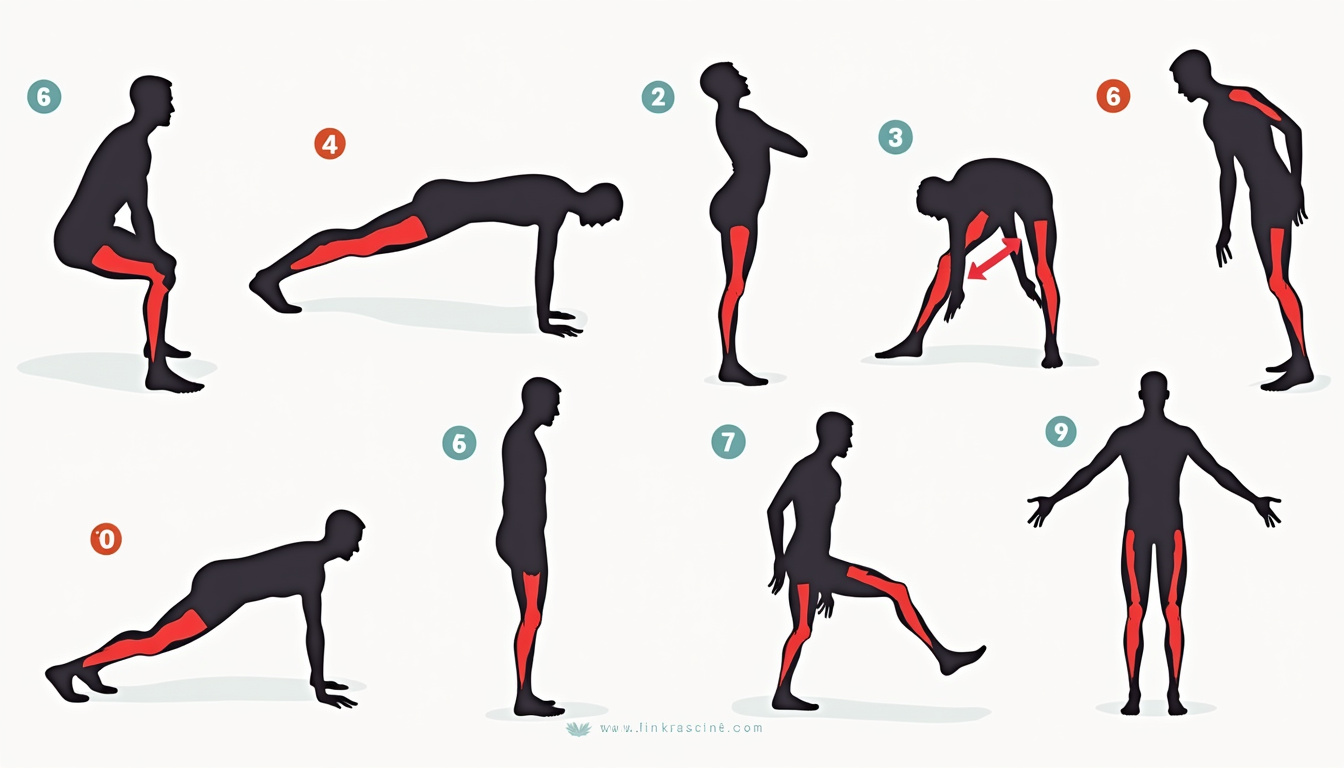  High-detail infographic of ten hamstring exercises, labeled silhouettes, muscle anatomy overlays, vibrant colors