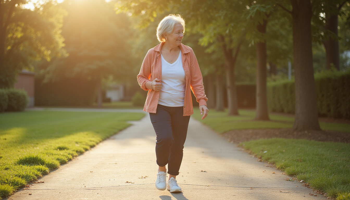  Elderly woman walking confidently outdoors after treatment, dynamic motion, healed knee highlighted