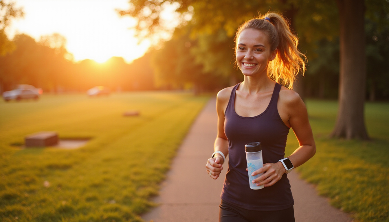  Energetic morning scene: woman walking briskly in park, water bottle, smartwatch, sunrise glow