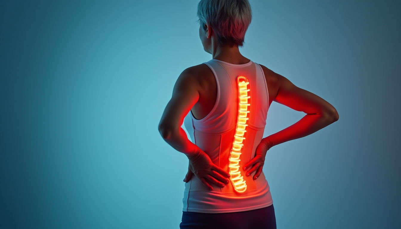  Elderly woman wearing lumbar back brace, warm clinic light, hands on lower back, improved posture