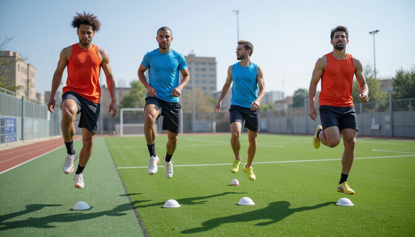  Group of athletes doing plyometric hops and balance drills on turf, emphasis on knee alignment
