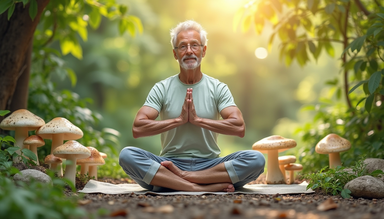  Natural joint health scene: active senior doing yoga among oyster shells, mushrooms, leafy herbs, anatomical overlay