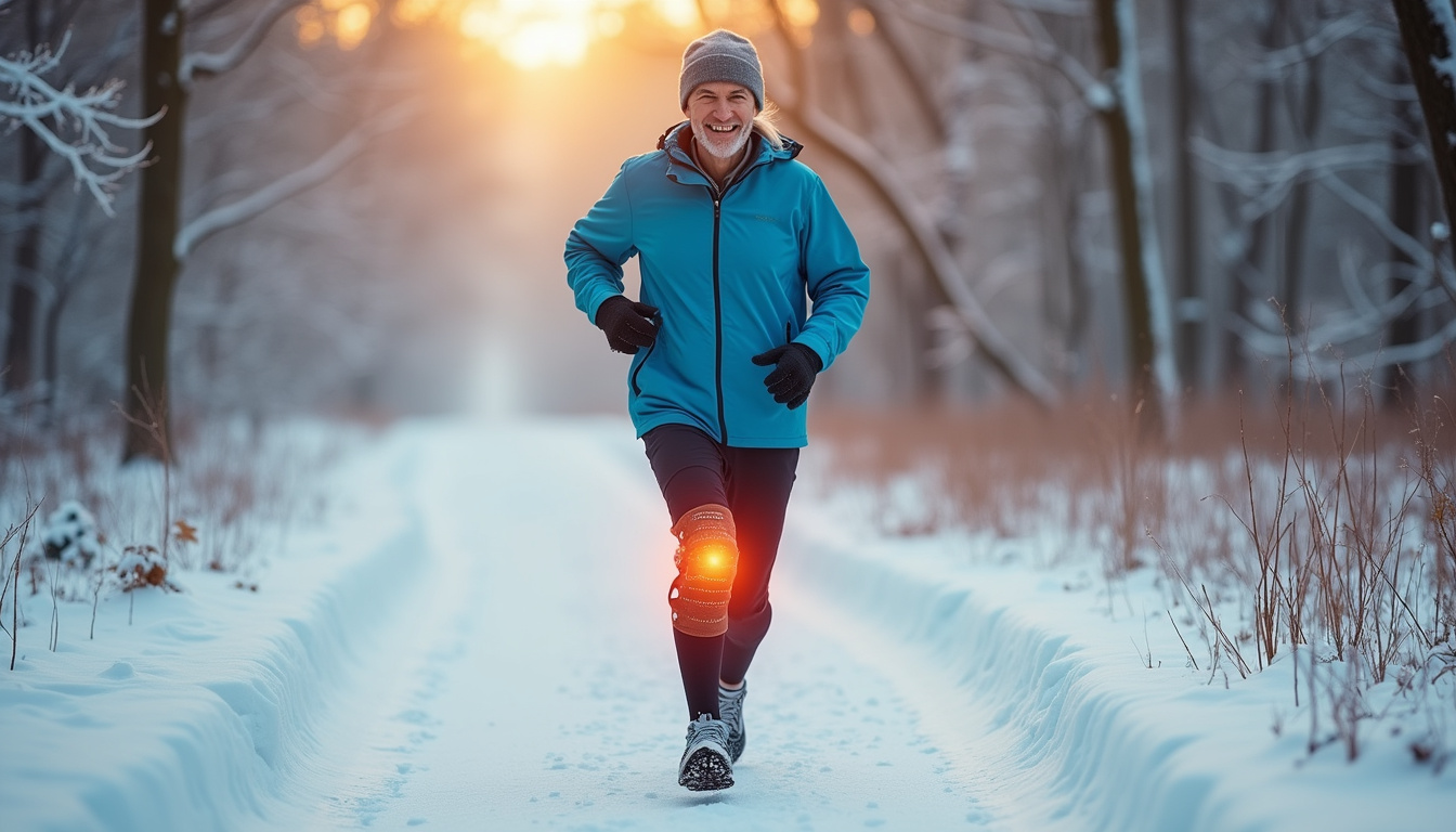 Elderly runner wearing thermal knee brace on snowy trail, steam warmth effect, pain-free smile