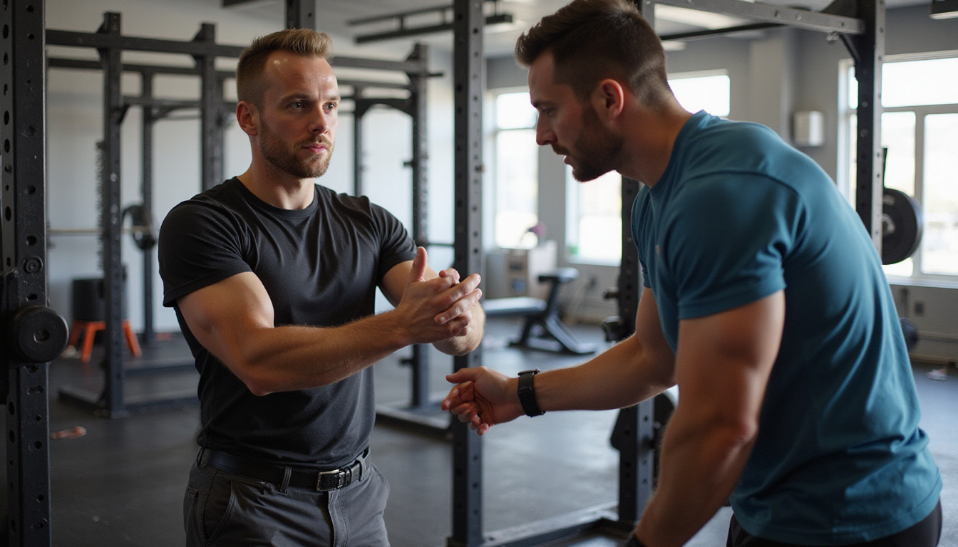  Coach guiding lifter in gym, depth markers, arrows showing range, safe technique, focused expression