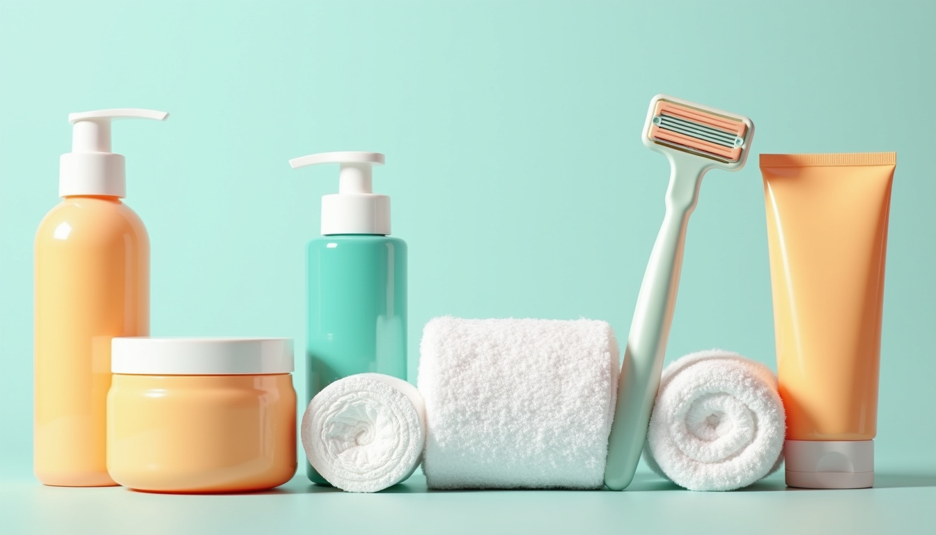  Collection of skincare essentials: soothing gel, razor, sunscreen, cotton pads, anti-irritation cream, soft towel