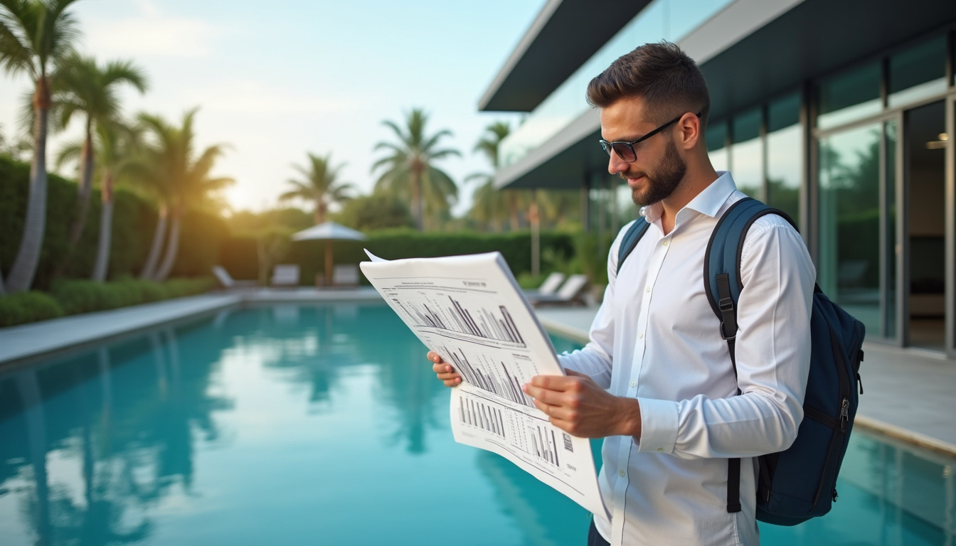  Investor studying property blueprints by poolside, ROI charts, palm trees, modern glass architecture
