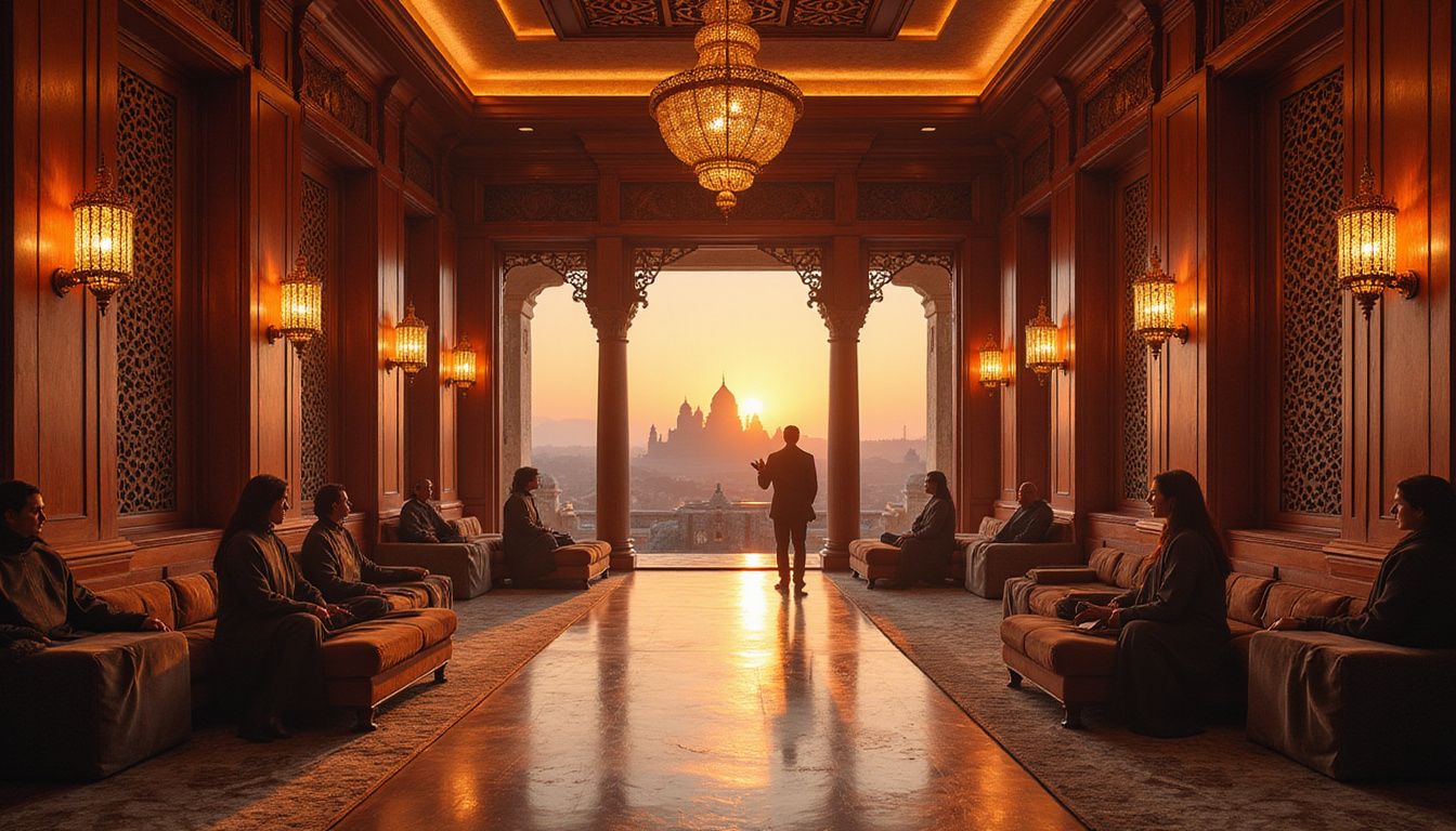  Elegant wood-paneled salon with Arabic lanterns, attentive crew, ancient temple silhouettes outside