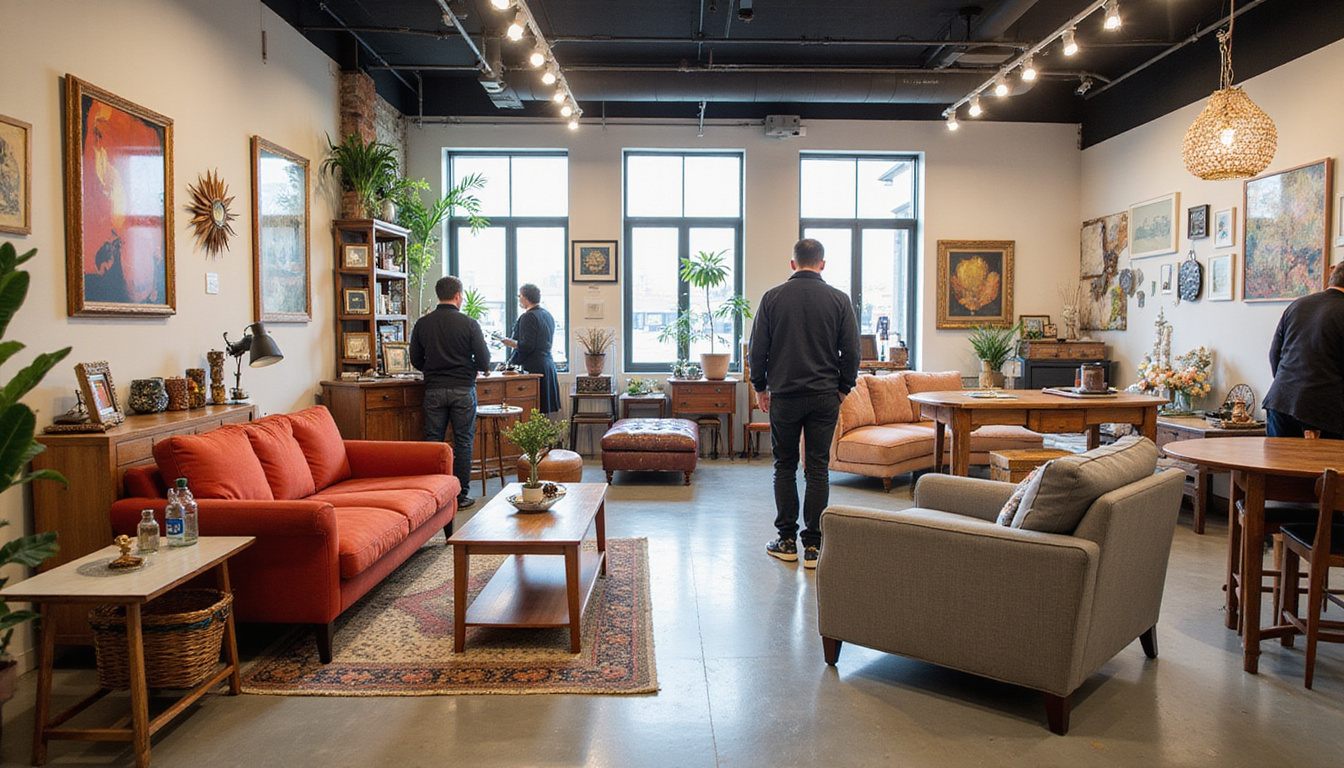  Chic showroom of upcycled furniture and fixtures with price tags, customers buying, industrial-chic vibe